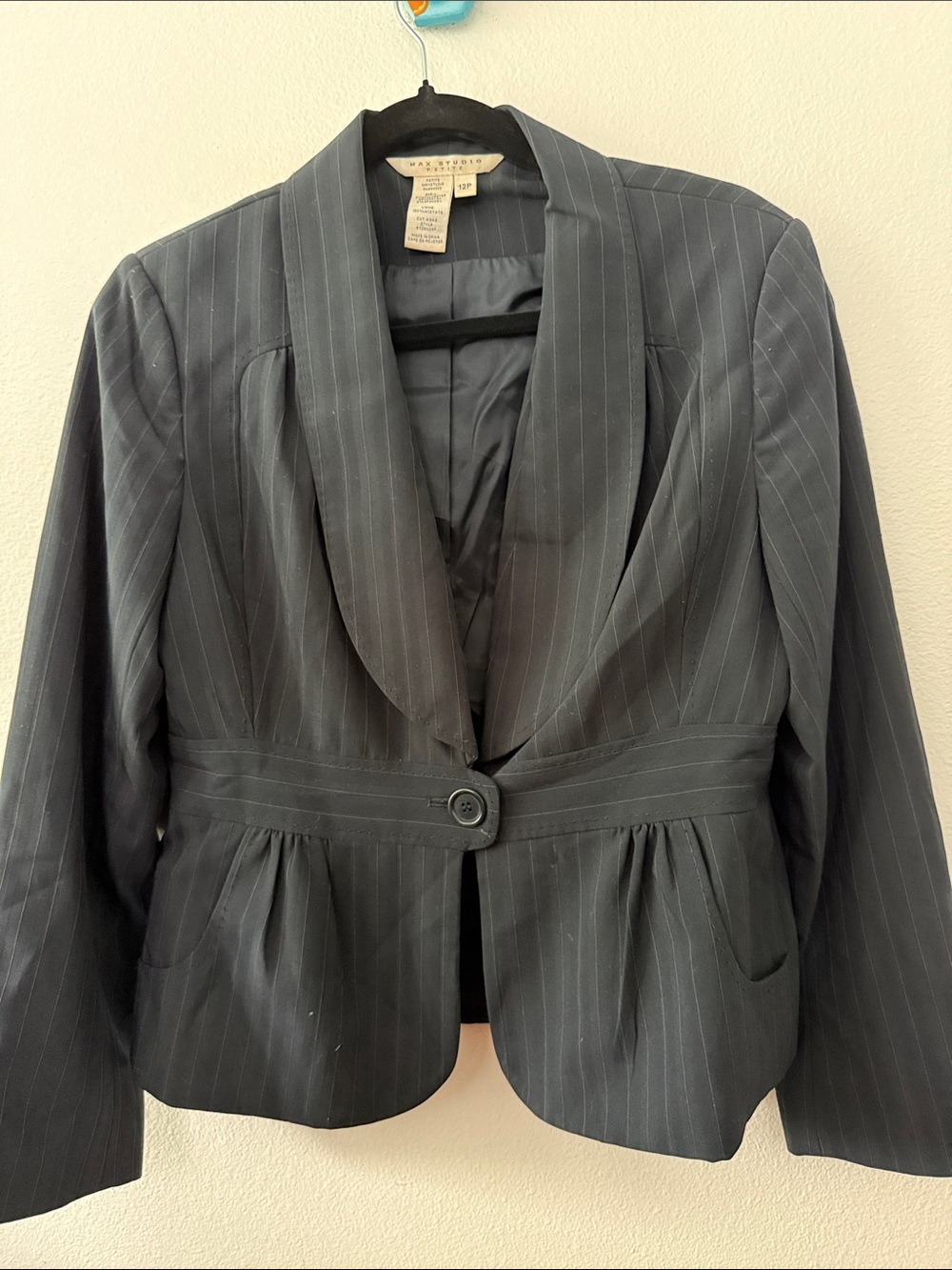 Max Studio Navy Pinstripe Shawl-Collar One-Button Peplum Blazer 12P